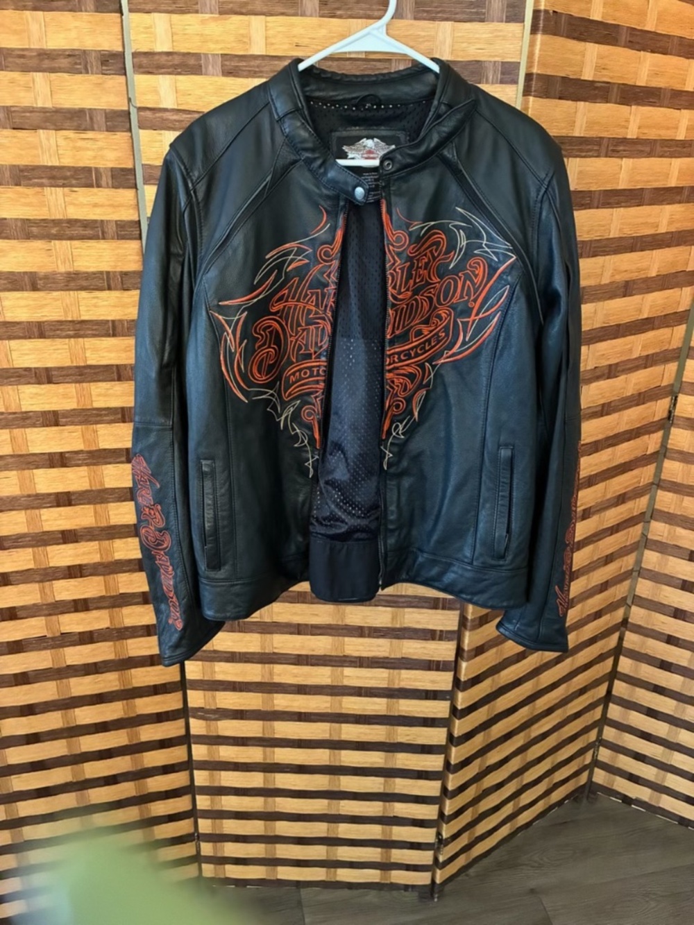 Harley-Davidson Black Leather Motorcycle Jacket with Orange Embroidery